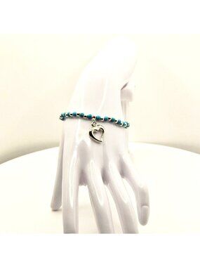 Blue Beaded Bracelet, Heart Charm Bracelet for Women, Dainty Stackable Bracelet,